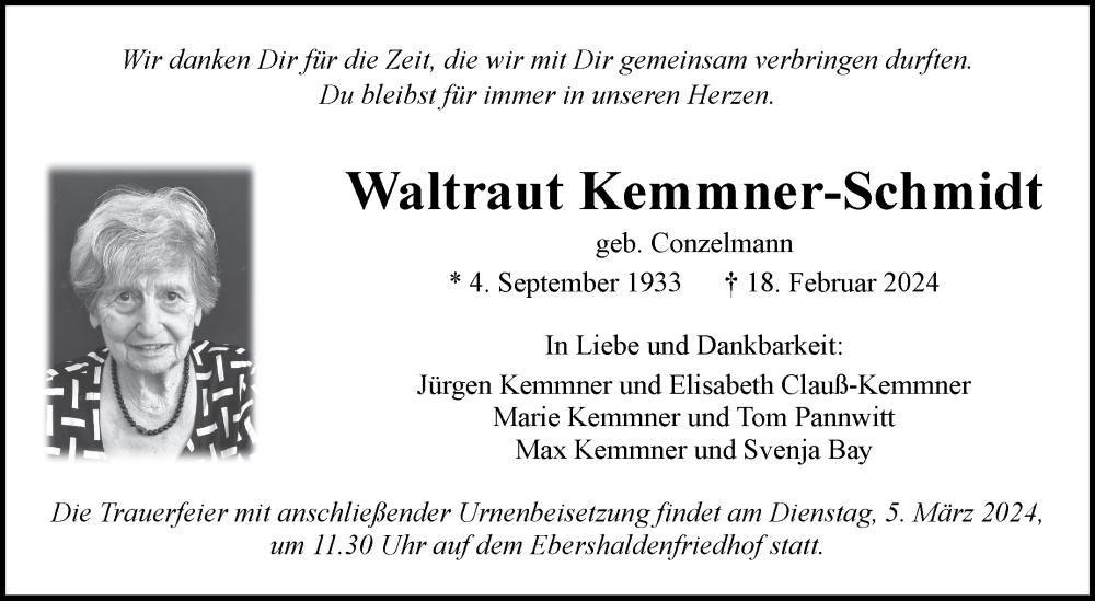 Traueranzeige für Waltraut Kemmner-Schmidt vom 24.02.2024 aus Eßlinger Zeitung/Cannstatter Zeitung