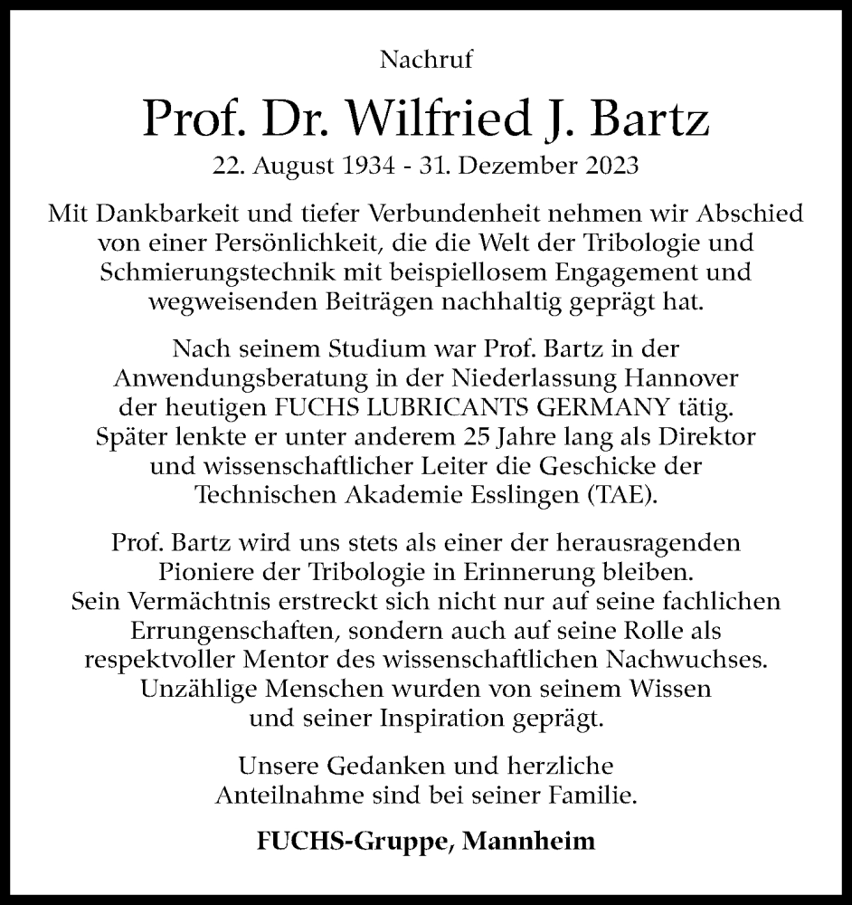  Traueranzeige für Wilfried J. Bartz vom 01.02.2024 aus Eßlinger Zeitung/Cannstatter Zeitung
