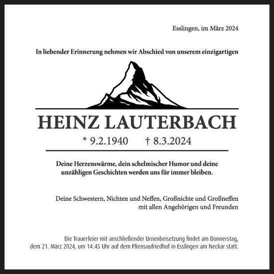 Traueranzeige von Heinz Lauterbach von ESSLINGER ZEITUNG