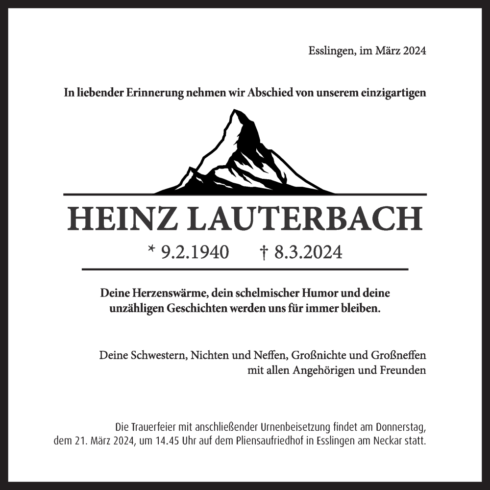  Traueranzeige für Heinz Lauterbach vom 16.03.2024 aus ESSLINGER ZEITUNG