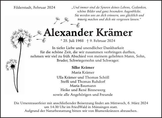 Traueranzeige von Alexander Krämer von Eßlinger Zeitung/Cannstatter Zeitung