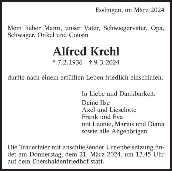 Traueranzeige von Alfred Krehl von Eßlinger Zeitung/Cannstatter Zeitung