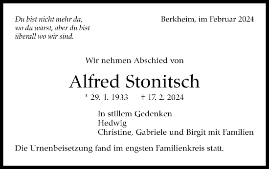 Traueranzeige von Alfred Stonitsch von Eßlinger Zeitung/Cannstatter Zeitung