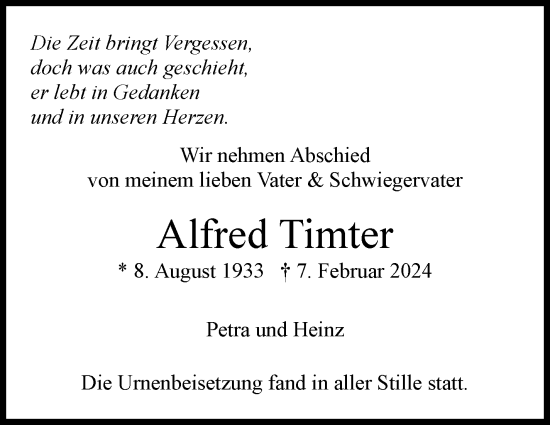 Traueranzeige von Alfred Timter von Eßlinger Zeitung/Cannstatter Zeitung