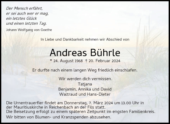 Traueranzeige von Andreas Bührle von Eßlinger Zeitung/Cannstatter Zeitung