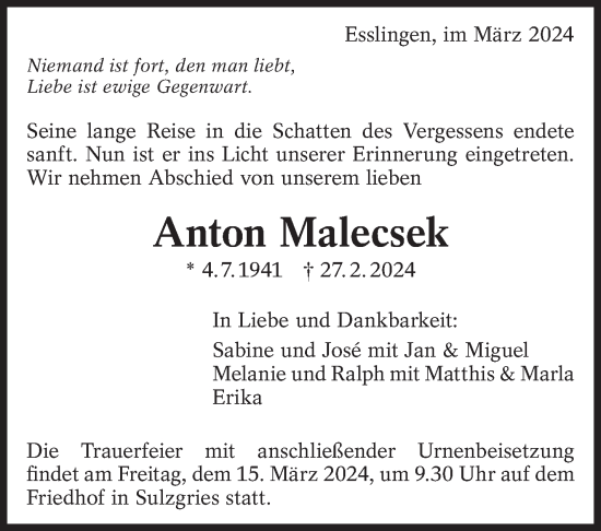 Traueranzeige von Anton Malecsek von Eßlinger Zeitung/Cannstatter Zeitung