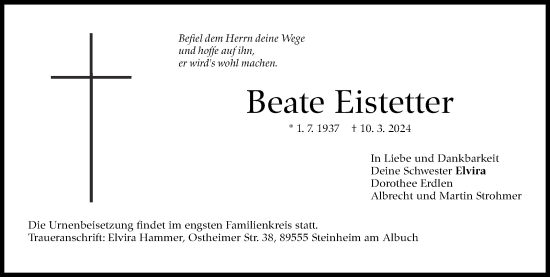 Traueranzeige von Beate Eistetter von Eßlinger Zeitung/Cannstatter Zeitung