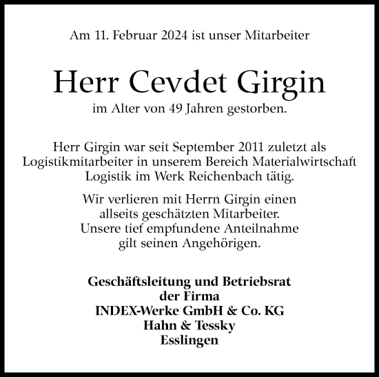 Traueranzeige von Cevdet Girgin von Eßlinger Zeitung/Cannstatter Zeitung