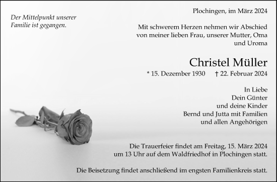 Traueranzeige von Christel Müller von Eßlinger Zeitung/Cannstatter Zeitung