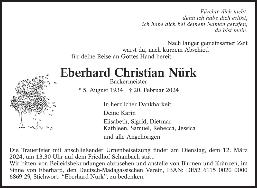  Traueranzeige für Eberhard Christian Nürk vom 02.03.2024 aus Eßlinger Zeitung/Cannstatter Zeitung