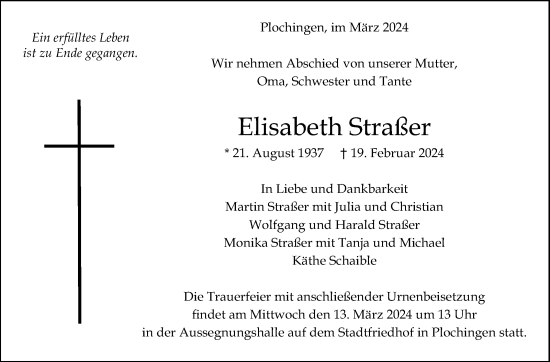Traueranzeige von Elisabeth Straßer von Eßlinger Zeitung/Cannstatter Zeitung