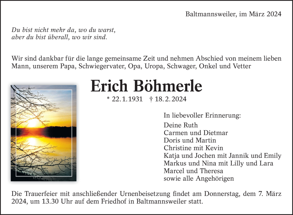  Traueranzeige für Erich Böhmerle vom 02.03.2024 aus Eßlinger Zeitung/Cannstatter Zeitung