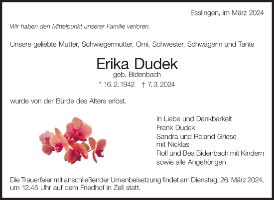 Traueranzeige von Erika Dudek von Eßlinger Zeitung/Cannstatter Zeitung