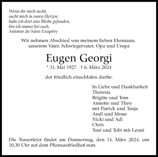 Traueranzeige von Eugen Georgi von Eßlinger Zeitung/Cannstatter Zeitung