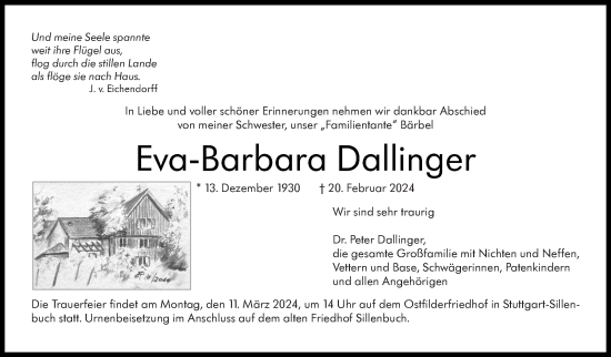 Traueranzeige von Eva-Barbara Dallinger von Eßlinger Zeitung/Cannstatter Zeitung