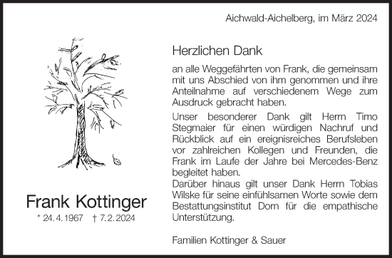 Traueranzeige von Frank Kottinger von Eßlinger Zeitung/Cannstatter Zeitung