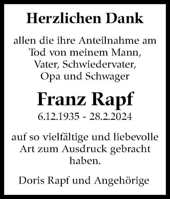 Traueranzeige von Franz Rapf von Eßlinger Zeitung/Cannstatter Zeitung