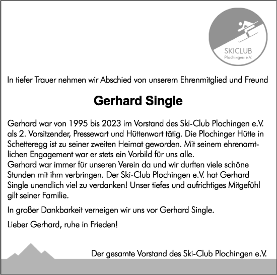 Traueranzeige von Gerhard Single von Eßlinger Zeitung/Cannstatter Zeitung