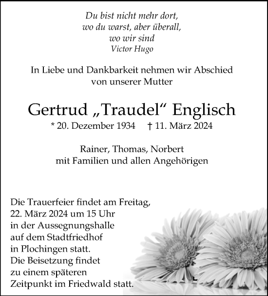 Traueranzeige von Gertrud Englisch von Eßlinger Zeitung/Cannstatter Zeitung