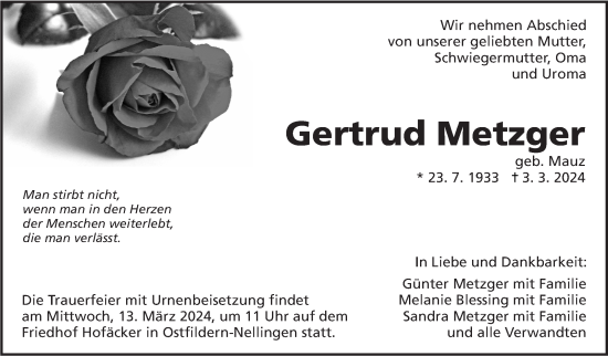 Traueranzeige von Gertrud Metzger von Eßlinger Zeitung/Cannstatter Zeitung