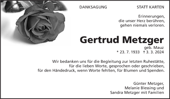 Traueranzeige von Gertrud Metzger von Eßlinger Zeitung/Cannstatter Zeitung