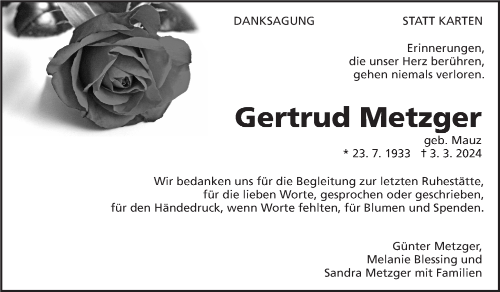  Traueranzeige für Gertrud Metzger vom 22.03.2024 aus Eßlinger Zeitung/Cannstatter Zeitung
