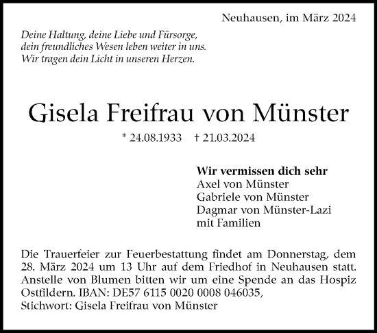 Traueranzeige von Gisela Freifrau von Münster von Eßlinger Zeitung/Cannstatter Zeitung