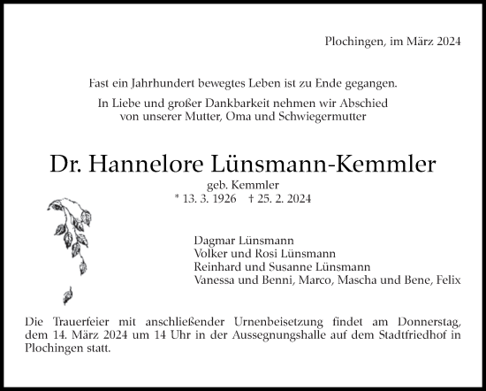 Traueranzeige von Hannelore Lünsmann-Kemmler von Eßlinger Zeitung/Cannstatter Zeitung
