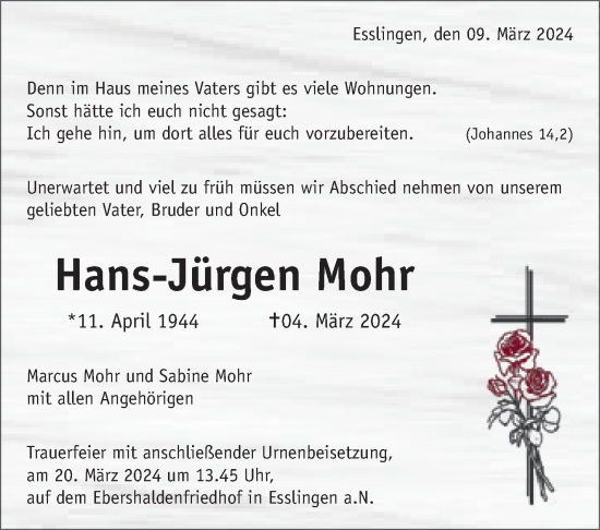 Traueranzeige von Hans-Jürgen Mohr von Eßlinger Zeitung/Cannstatter Zeitung