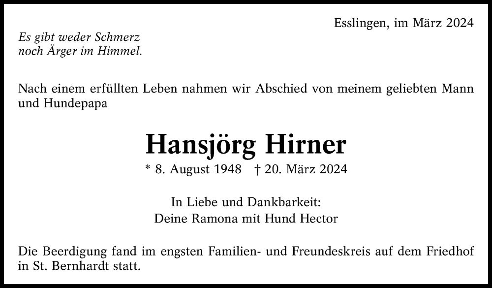  Traueranzeige für Hansjörg Hirner vom 27.03.2024 aus Eßlinger Zeitung/Cannstatter Zeitung