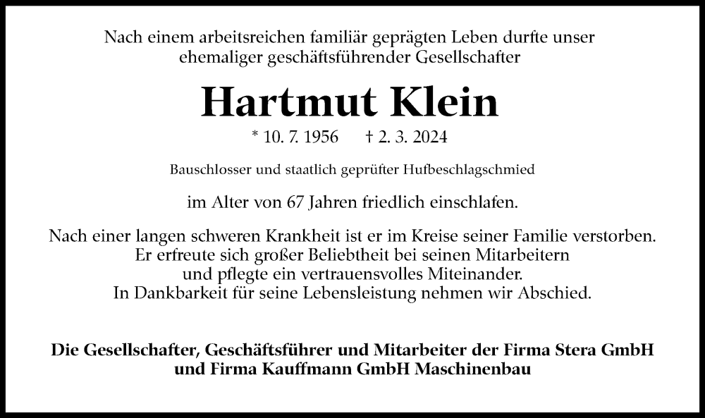  Traueranzeige für Hartmut Klein vom 09.03.2024 aus Eßlinger Zeitung/Cannstatter Zeitung