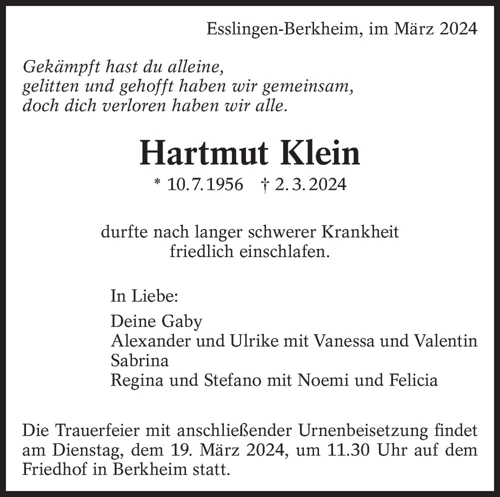  Traueranzeige für Hartmut Klein vom 09.03.2024 aus Eßlinger Zeitung/Cannstatter Zeitung