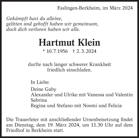 Traueranzeige von Hartmut Klein von Eßlinger Zeitung/Cannstatter Zeitung