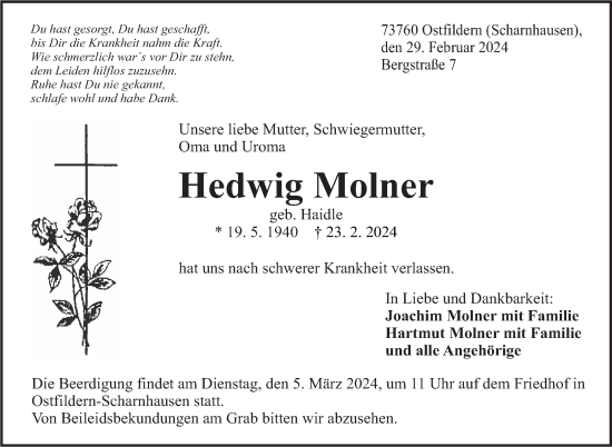 Traueranzeige von Hedwig Molner von Eßlinger Zeitung/Cannstatter Zeitung