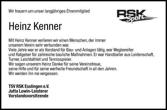 Traueranzeige von Heinz Kenner von Eßlinger Zeitung/Cannstatter Zeitung