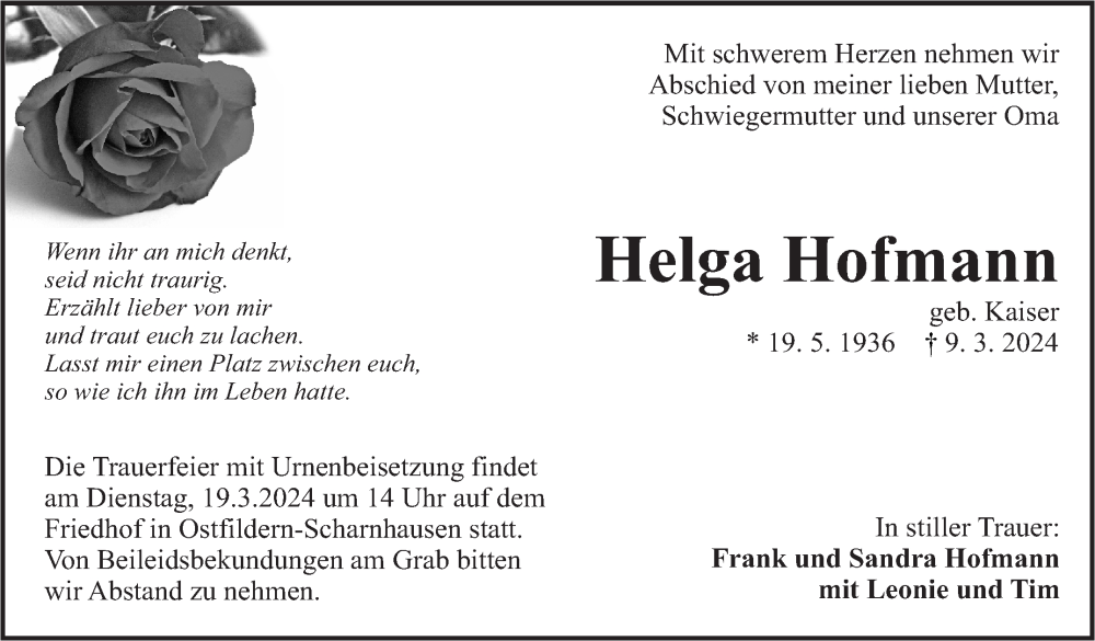  Traueranzeige für Helga Hofmann vom 14.03.2024 aus Eßlinger Zeitung/Cannstatter Zeitung