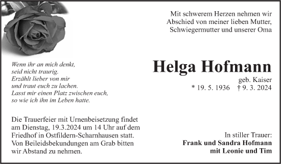 Traueranzeige von Helga Hofmann von Eßlinger Zeitung/Cannstatter Zeitung