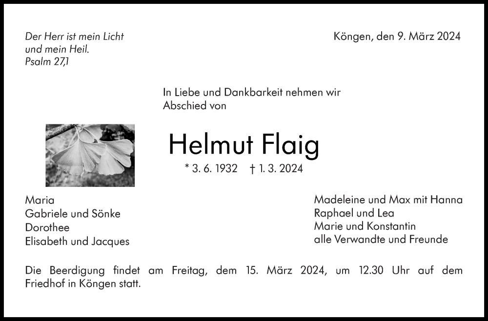  Traueranzeige für Helmut Flaig vom 09.03.2024 aus Eßlinger Zeitung/Cannstatter Zeitung