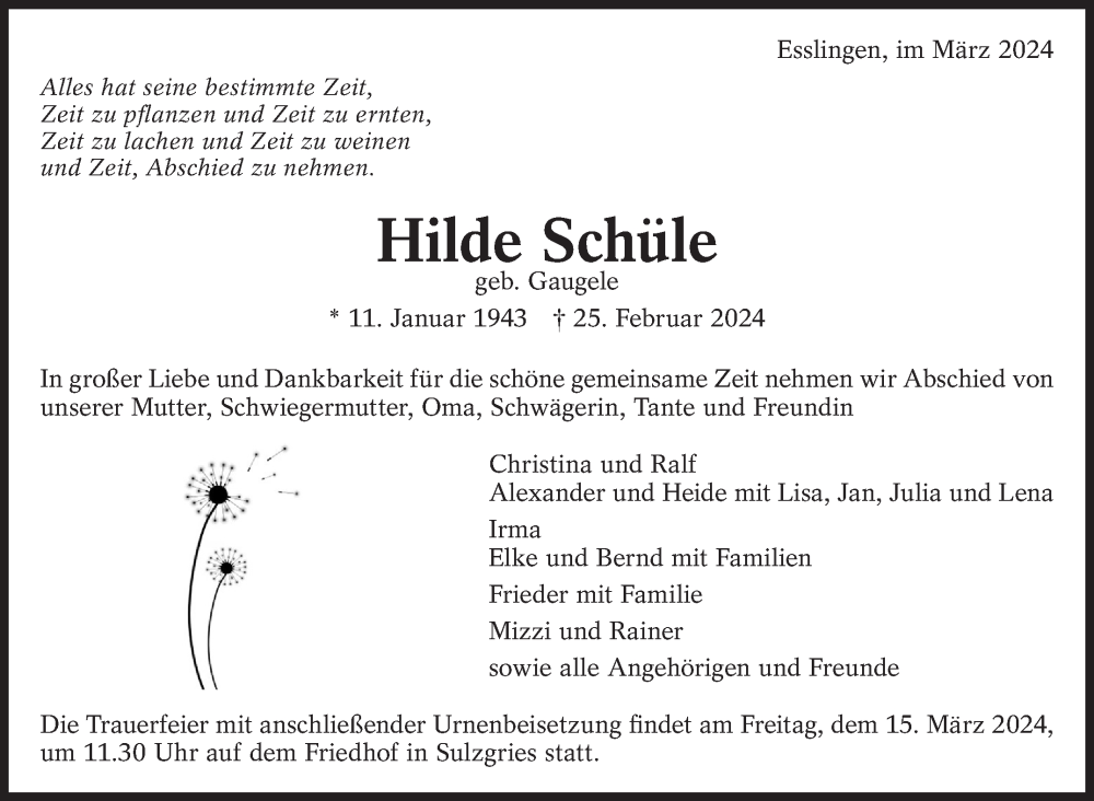  Traueranzeige für Hilde Schüle vom 02.03.2024 aus Eßlinger Zeitung/Cannstatter Zeitung