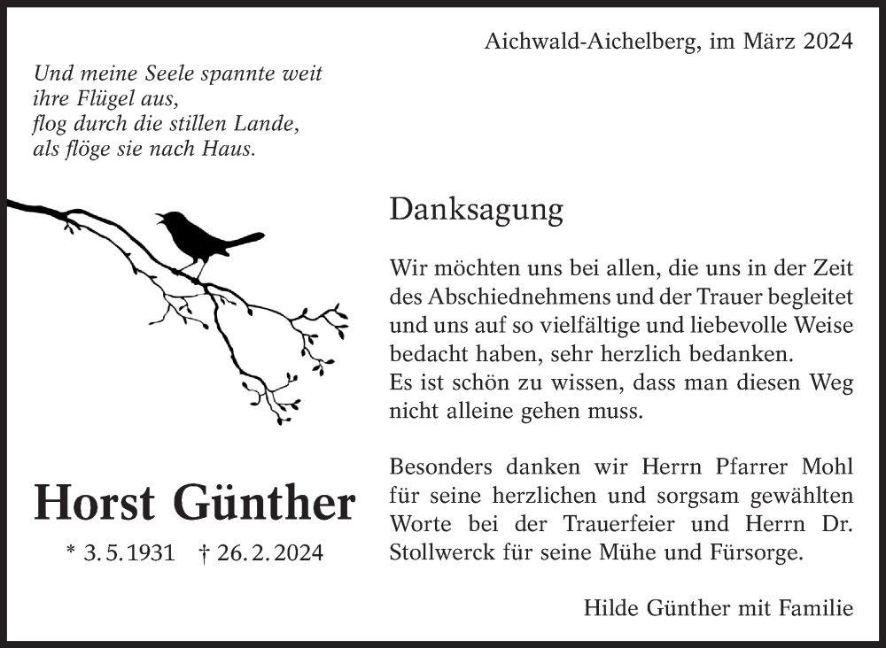  Traueranzeige für Horst Günther vom 23.03.2024 aus Eßlinger Zeitung/Cannstatter Zeitung