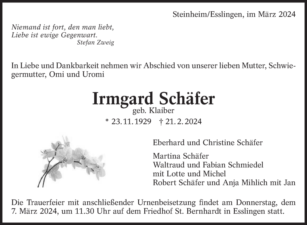  Traueranzeige für Irmgard Schäfer vom 02.03.2024 aus Eßlinger Zeitung/Cannstatter Zeitung