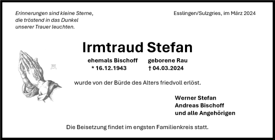 Traueranzeige von Irmtraud Stefan von Eßlinger Zeitung/Cannstatter Zeitung