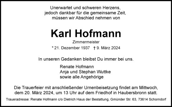 Traueranzeige von Karl Hofmann von Eßlinger Zeitung/Cannstatter Zeitung