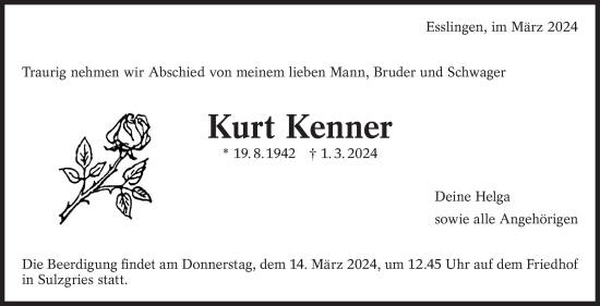 Traueranzeige von Kurt Kenner von Eßlinger Zeitung/Cannstatter Zeitung