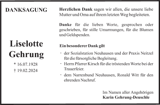 Traueranzeige von Liselotte Gehrung von Eßlinger Zeitung/Cannstatter Zeitung