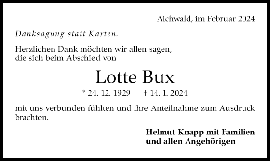 Traueranzeige von Lotte Bux von Eßlinger Zeitung/Cannstatter Zeitung