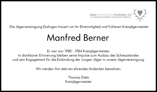 Traueranzeige von Manfred Berner von Eßlinger Zeitung/Cannstatter Zeitung