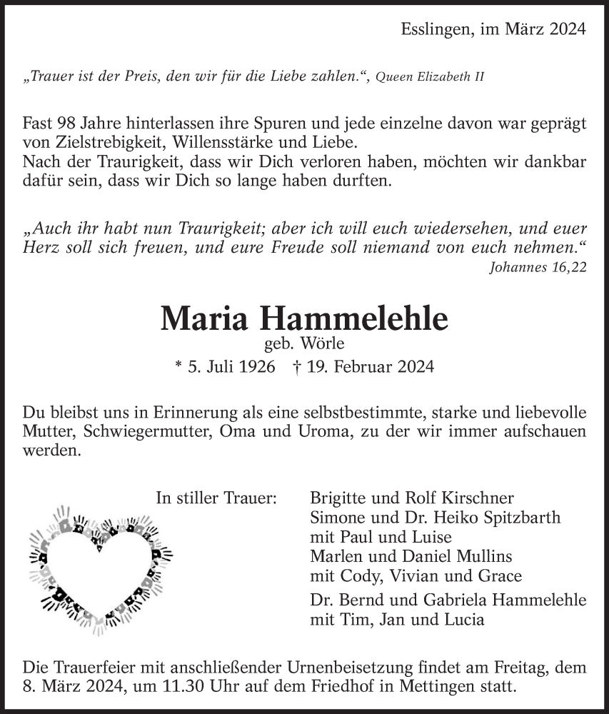  Traueranzeige für Maria Hammelehle vom 02.03.2024 aus Eßlinger Zeitung/Cannstatter Zeitung