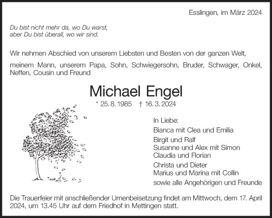 Traueranzeige von Michael Engel von Eßlinger Zeitung/Cannstatter Zeitung