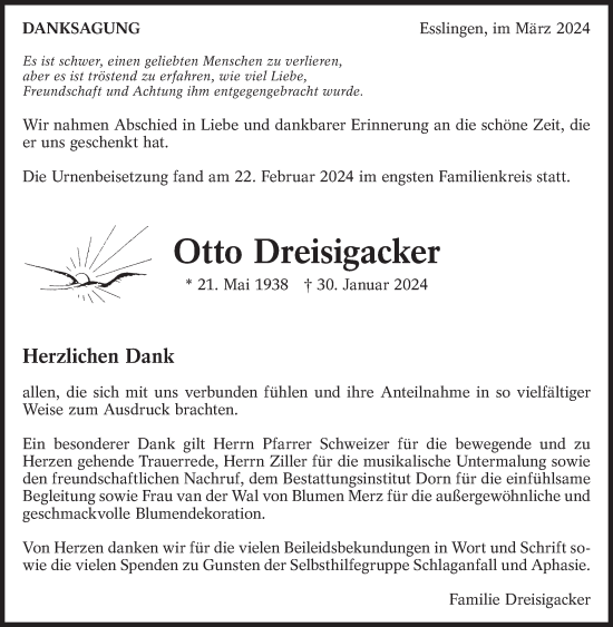Traueranzeige von Otto Dreisigacker von Eßlinger Zeitung/Cannstatter Zeitung